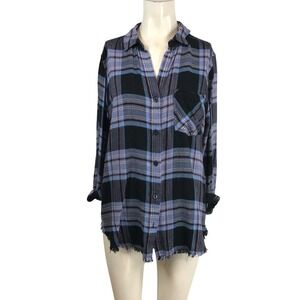 Cloth & Stone Blue Black Plaid Raw Hem Button Down Shirt C9620-Z79-304 Women's M